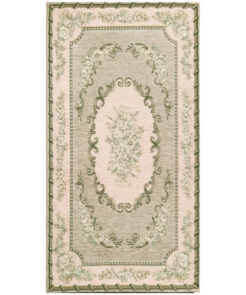 Tappeto Operà Verde disegno aubusson tradizionale francese, anti-scivolo e lavabile ideale per salotto soggiorno camera.