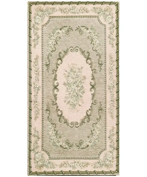 Tappeto Operà Verde disegno aubusson tradizionale francese, anti-scivolo e lavabile ideale per salotto soggiorno camera.