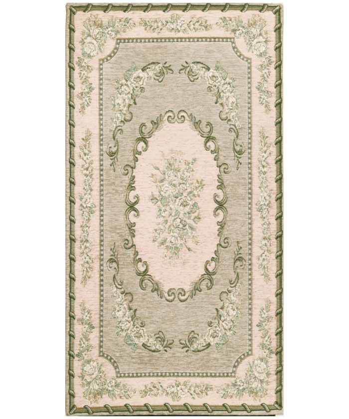 Tappeto Operà Verde disegno aubusson tradizionale francese, anti-scivolo e lavabile ideale per salotto soggiorno camera.