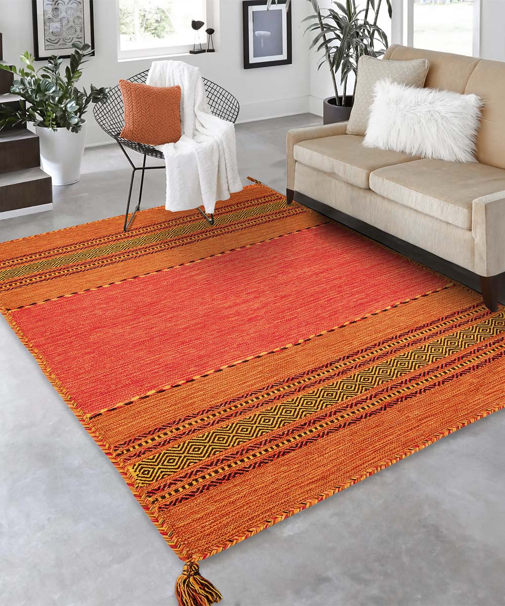 Salotto con Tappeto kilim arancione 100% cotone, per arredo casa soggiorno salotto camera da letto ma anche passatoia per corridoio o ingresso