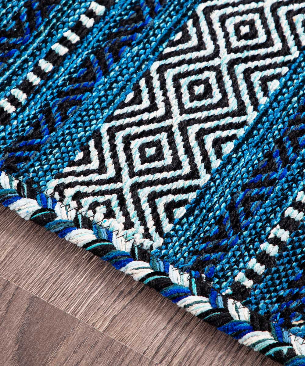 Bordo del Tappeto kilim blu 100% cotone, per arredo casa soggiorno salotto camera da letto ma anche passatoia per corridoio o ingresso