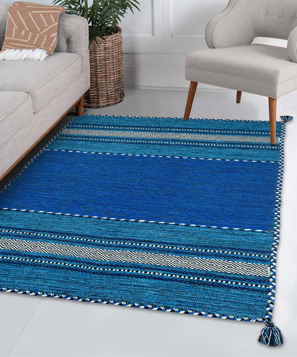 Salotto con Tappeto kilim blu 100% cotone, per arredo casa soggiorno salotto camera da letto ma anche passatoia per corridoio o ingresso