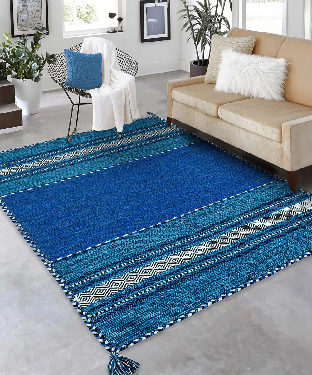 Soggiorno con Tappeto kilim blu 100% cotone, per arredo casa soggiorno salotto camera da letto ma anche passatoia per corridoio o ingresso