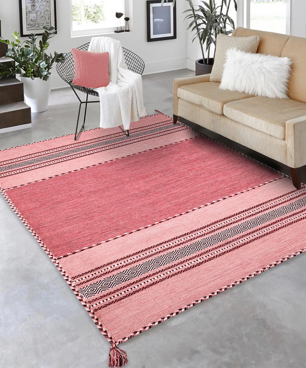 Soggiorno con Tappeto kilim rosa 100% cotone, per arredo casa soggiorno salotto camera da letto ma anche passatoia per corridoio o ingresso