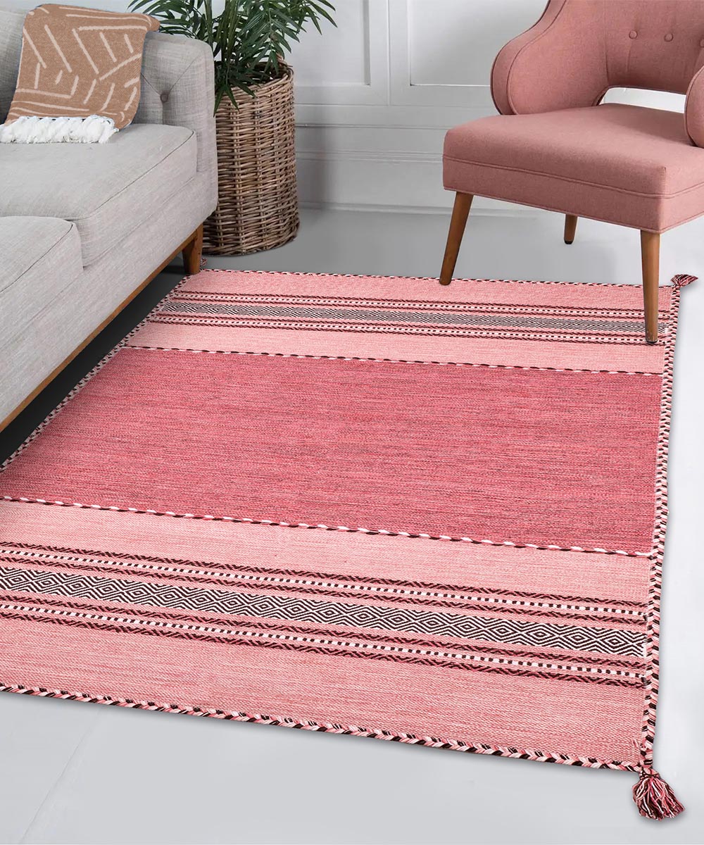 Salotto con Tappeto kilim rosa 100% cotone, per arredo casa soggiorno salotto camera da letto ma anche passatoia per corridoio o ingresso
