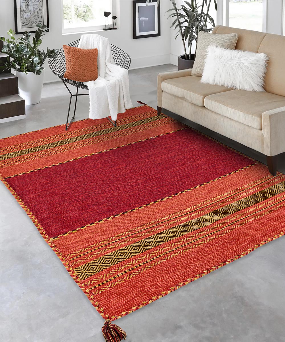 Salotto con Tappeto kilim rosso 100% cotone, per arredo casa soggiorno salotto camera da letto ma anche passatoia per corridoio o ingresso