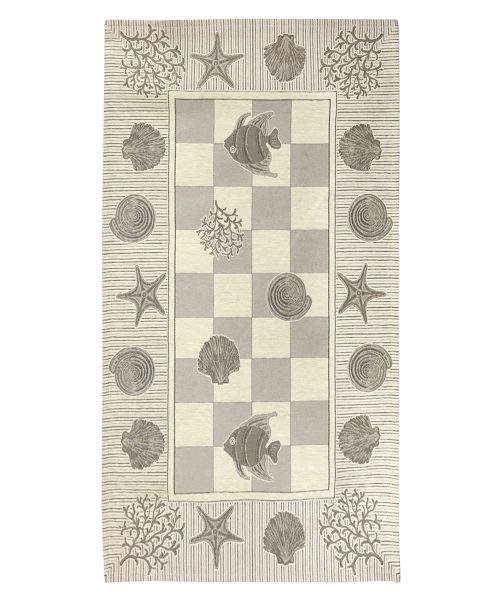 Tappeto Marino Beige con disegni a tema mare e spiaggia, anti-scivolo e lavabile ideale per bagno e lavanderia.