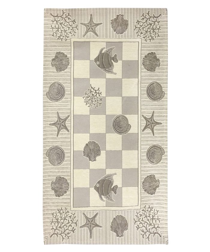 Tappeto Marino Beige con disegni a tema mare e spiaggia, anti-scivolo e lavabile ideale per bagno e lavanderia.