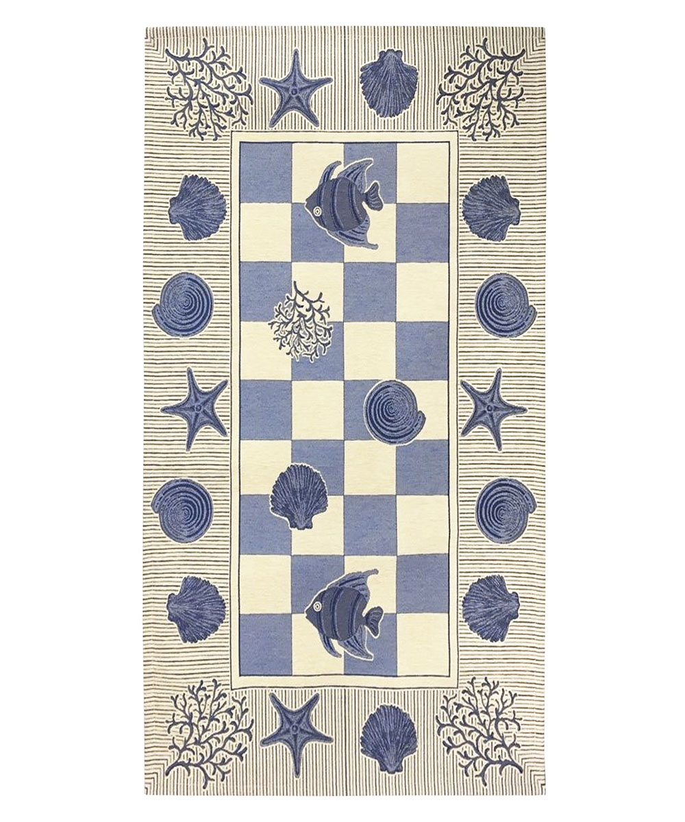 Tappeto Marino Blu con disegni a tema mare e spiaggia, anti-scivolo e lavabile ideale per bagno e lavanderia.