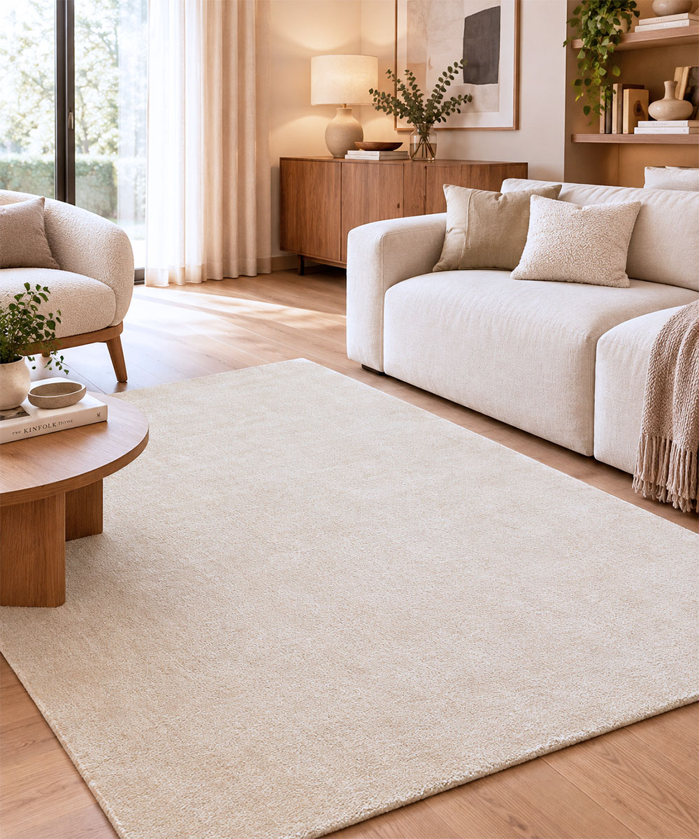 ambientazione in un salotto del tappeto feel beige. morbido perlo soft touch, resistente, ecofriendly
