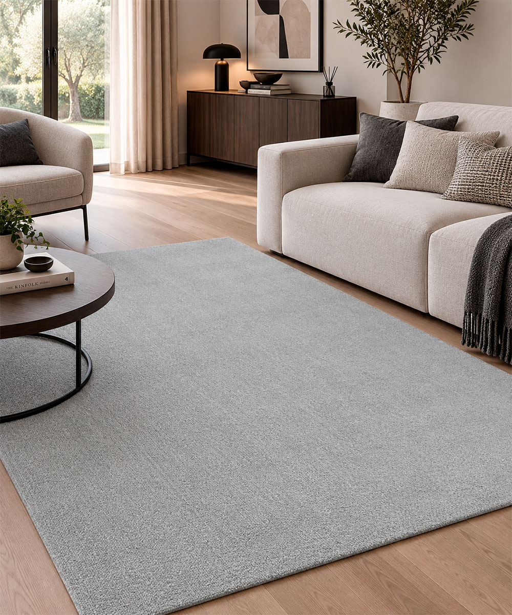 ambientazione in un salotto del tappeto feel grigio. morbido perlo soft touch, resistente, ecofriendly