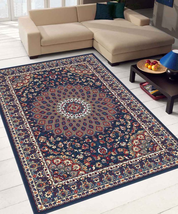 Salotto con Tappeto Royal Shiraz 2082 Blu stile orientale classico persiano con rosone centrale