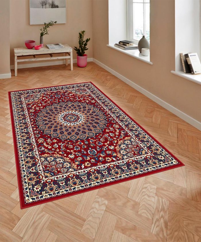Living moderno con Tappeto Royal Shiraz 2082 Rosso stile orientale classico persiano con rosone centrale