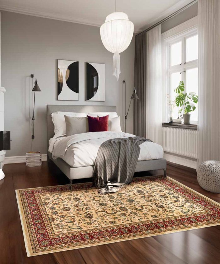 Camera da letto con tappeto orientale Kazakh 2155 Beige e Rosso