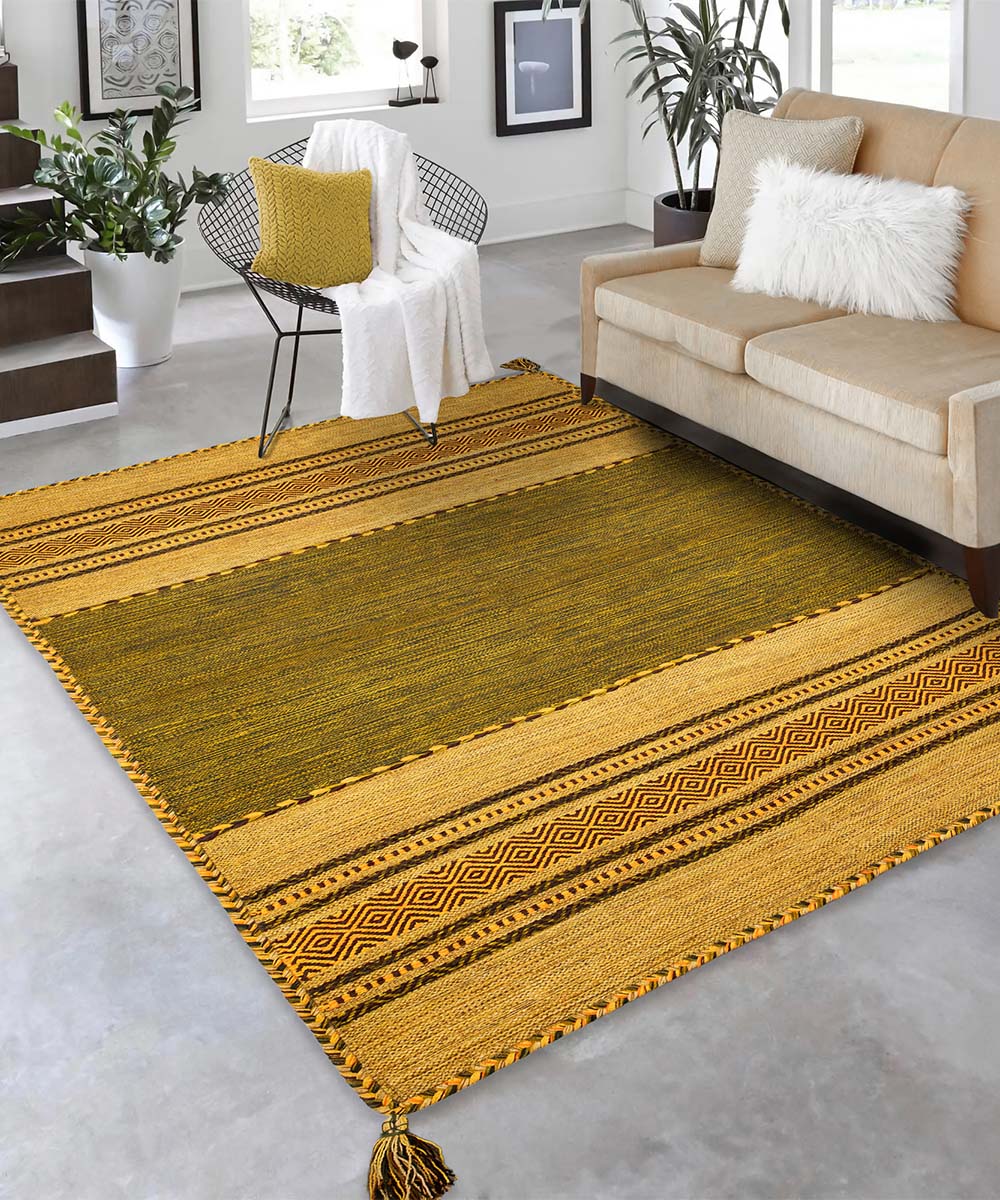 Soggiorno con Tappeto kilim verde 100% cotone, per arredo casa soggiorno salotto camera da letto ma anche passatoia per corridoio o ingresso