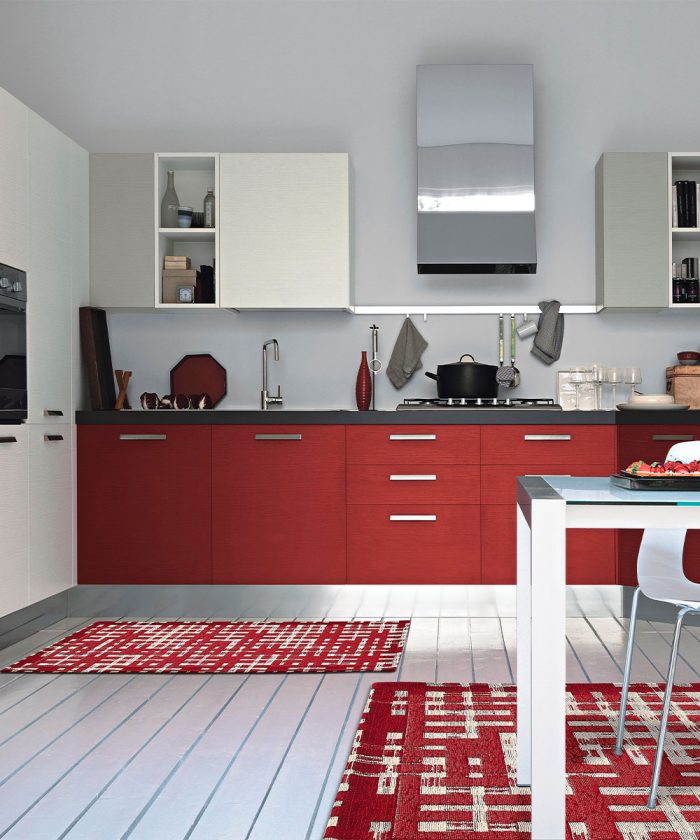 Cucina con Tappeto Dama Rosso lavabile e antiscivolo, ideale per salotto soggiorno camera ma anche bagno e ingresso