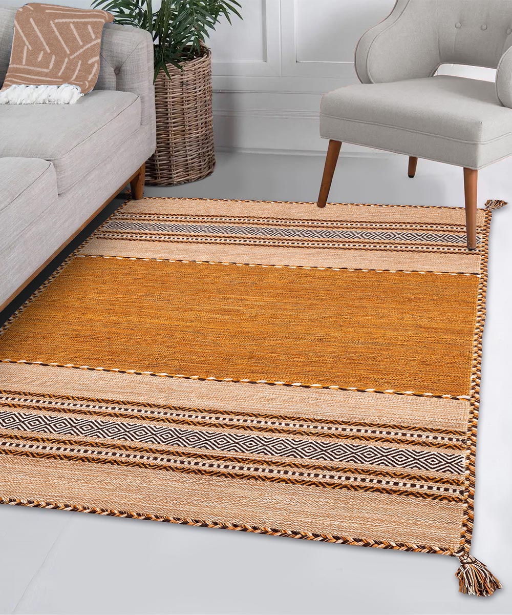 Salotto con Tappeto kilim marrone cuoio 100% cotone, per arredo casa soggiorno salotto camera da letto ma anche passatoia per corridoio o ingresso