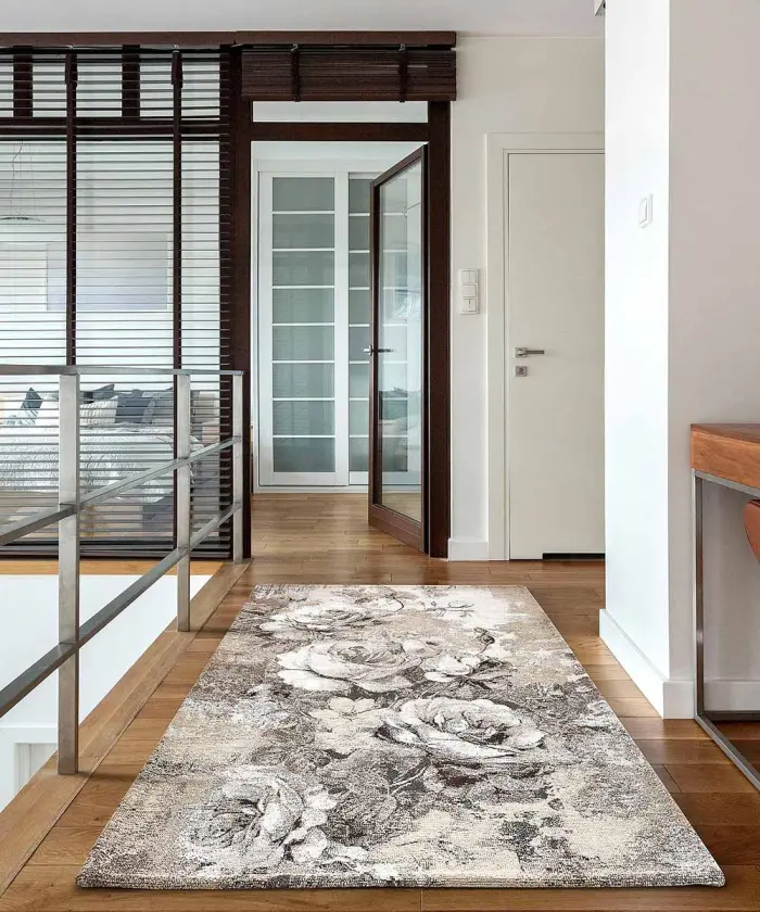 Living con Tappeto floreale ROSE fiorite colore tortora, lavabile e antiscivolo: ideale per salotto, soggiorno, camera, ingresso, corridoio