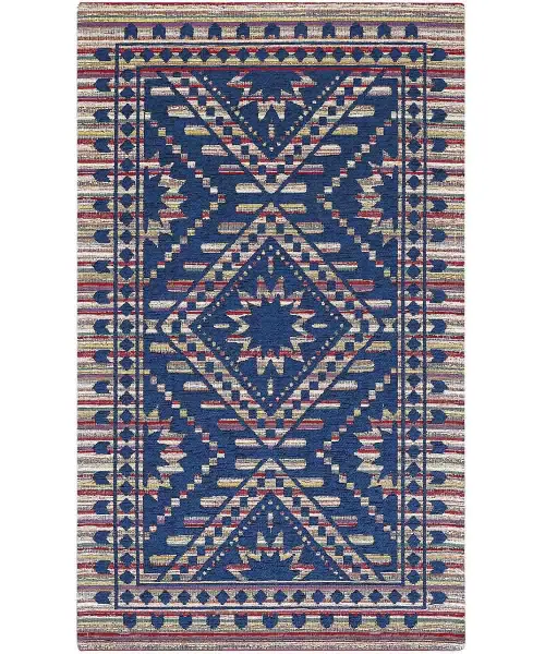 Tappeto disegno etnico africano. Velour Kenya Blu, anti-scivolo e lavabile.