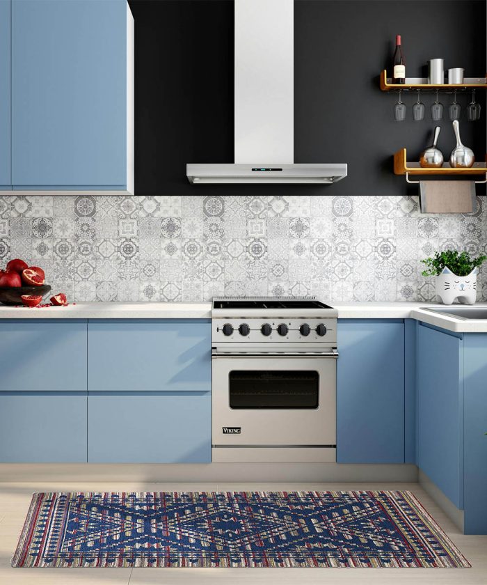 Cucina con Tappeto disegno etnico africano. Velour Kenya Blu, anti-scivolo e lavabile.