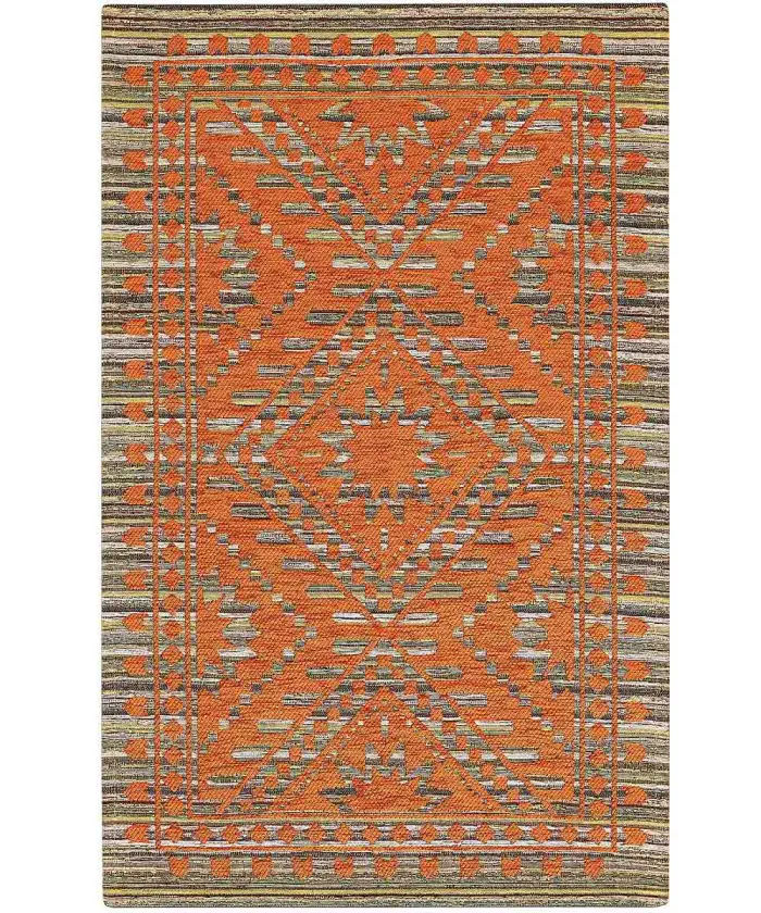 Tappeto disegno etnico africano. Velour Kenya Arancione, anti-scivolo e lavabile.