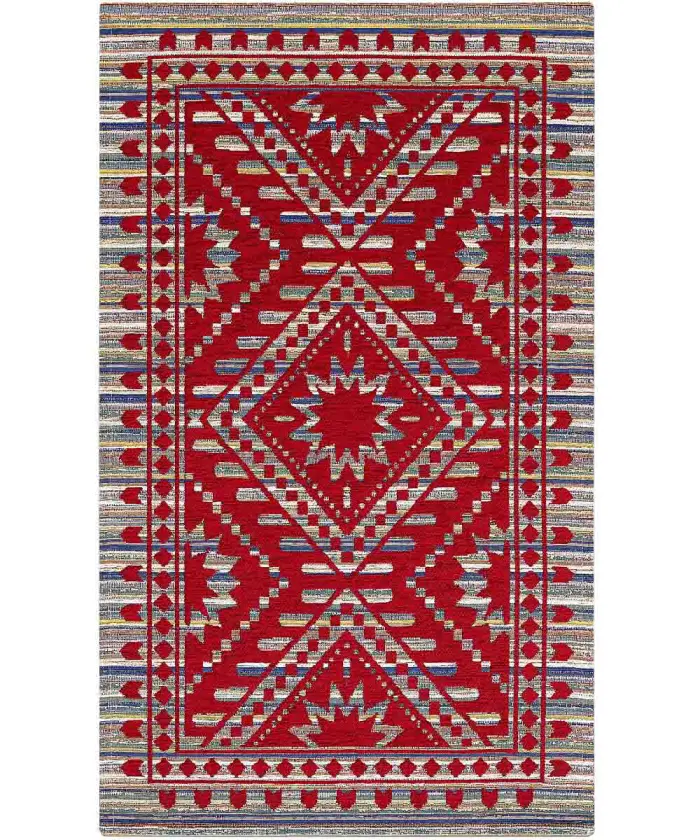 Tappeto disegno etnico africano. Velour Kenya Rosso, anti-scivolo e lavabile.