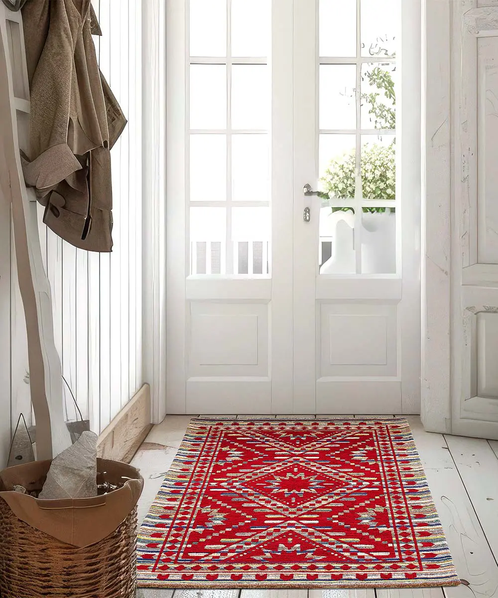 Ingresso casa con Tappeto disegno etnico africano. Velour Kenya Rosso, anti-scivolo e lavabile.