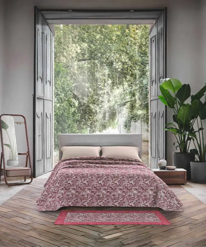 Camera da letto con Tappeto Velour Malesia Viola, stile natura jungle foglie felce tropicale