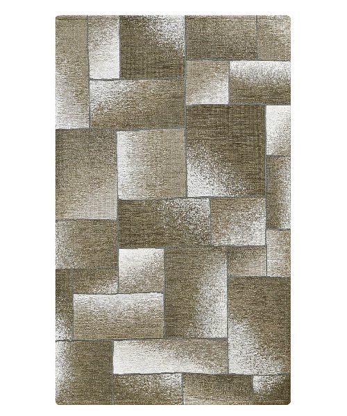 Tappeto moderno in morbida ciniglia con motivo geometrico a blocchi sovrapposti nei toni del fango. Complemento d'arredo antiscivolo ideale per salotto e cucina.