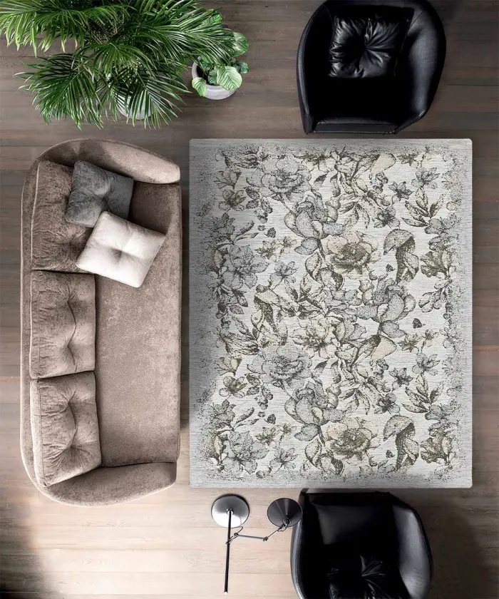 Salotto con Tappeto Elisir Beige Grigio floreale moderno. Multiuso e antiscivolo, ideale per soggiorno camera ma anche ingresso e cucina