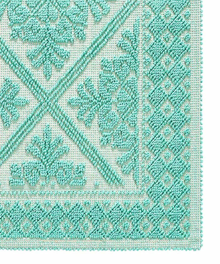 Angolo Tappeto Sardo verde acqua 100% cotone e prodotto in Sardegna Italia. Tappetino bagno passatoia lavabile.