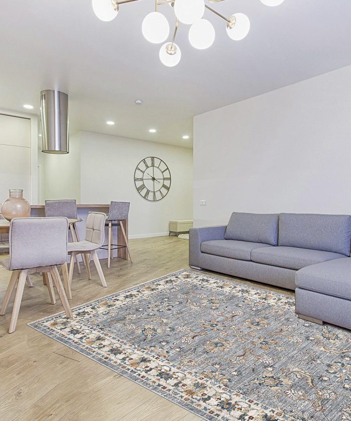 Soggiorno con Tappeto arredo grigio disegno orientale persiano. Tappeto MURCIA per salotto, zona living, camera e sala.