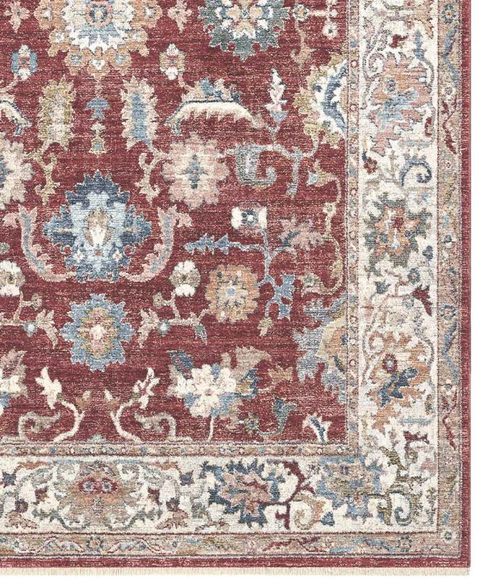 Dettaglio del Tappeto arredo rosso motivo classico orientale. Tappeto MURCIA per salotto, soggiorno, camera e sala.