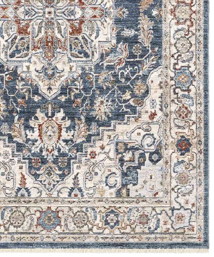 Dettaglio del Tappeto arredo blu stile classico persiano. Tappeto MURCIA per salotto, soggiorno, camera e sala.