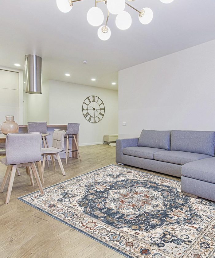 Sala con Tappeto arredo blu stile classico persiano. Tappeto MURCIA per salotto, soggiorno, camera di casa
