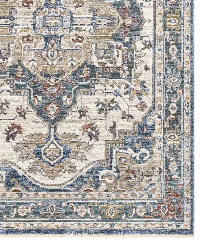 Particolare di Tappeto arredo verde e blu in stile classico persiano. Tappeto MURCIA per salotto, soggiorno, camera e sala.