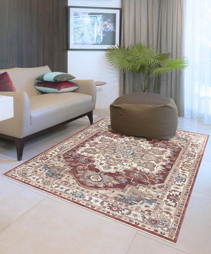 Living moderno con Tappeto persiano rosso design tradizionale orientale. Tappeto MURCIA per arredo casa: salotto, soggiorno, camera e sala.
