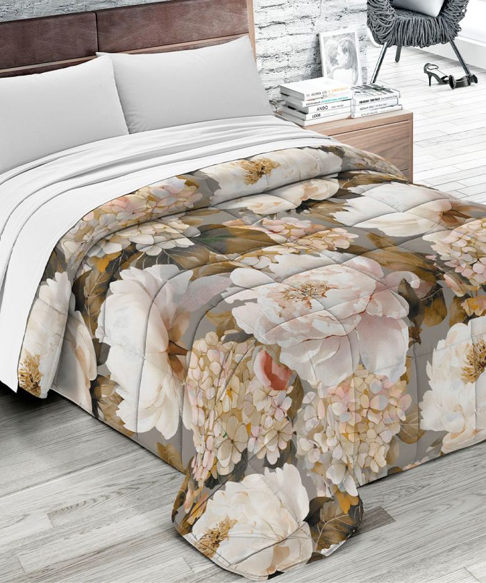 Trapunta invernale FLORA 4 motivo floreale peonie e ortensie, per letto matrimoniale due piazze