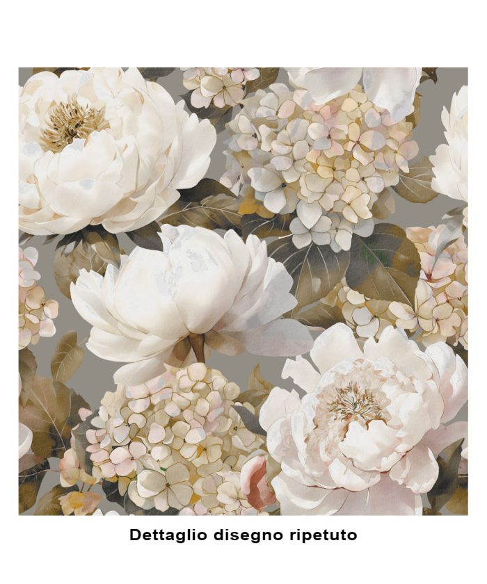 Dettaglio Trapunta invernale FLORA 4 motivo floreale peonie e ortensie, per letto matrimoniale due piazze