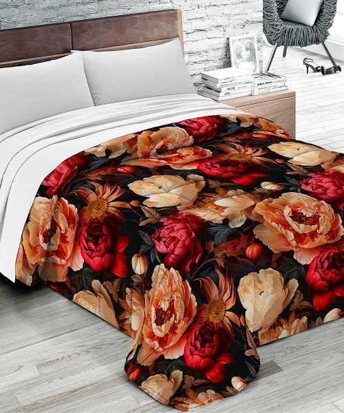 Trapunta invernale FLORA 5 motivo floreale peonie e margherite, per letto matrimoniale due piazze