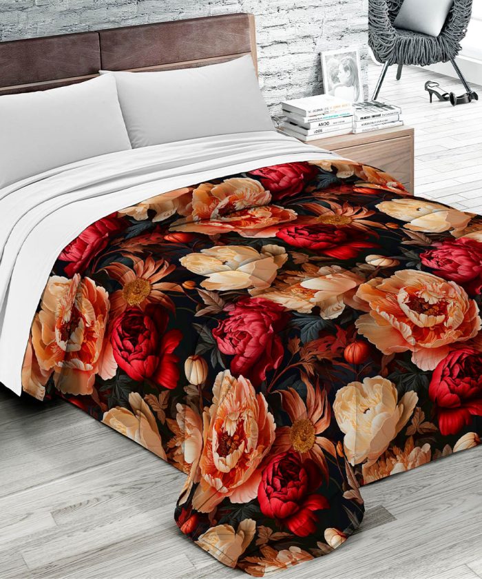 Trapunta invernale FLORA 5 motivo floreale peonie e margherite, per letto matrimoniale due piazze