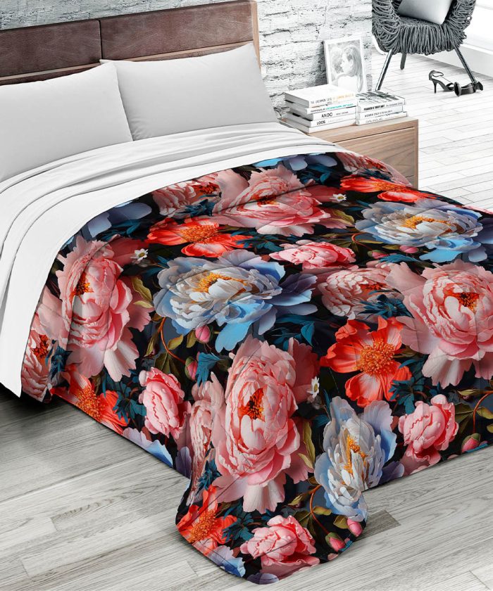 Trapunta invernale FLORA 6 motivo floreale peonie e papaveri, per letto matrimoniale due piazze