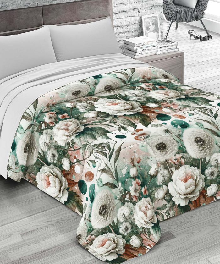 Trapunta invernale FLORA 8 motivo floreale peonie e tarassaco, per letto matrimoniale due piazze