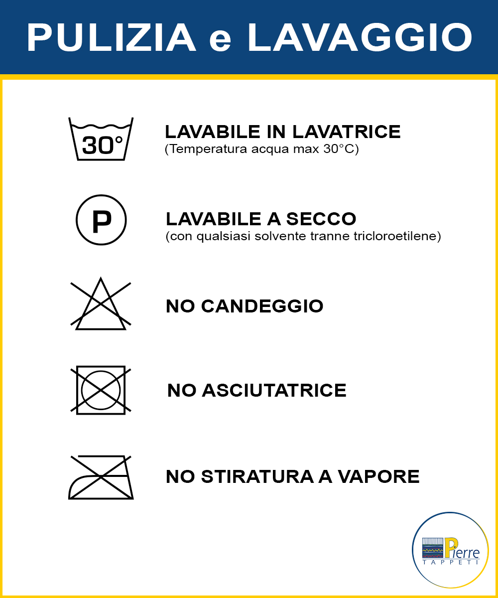 consigli sul lavaggio: lavabile in lavatrice, no candeggio, no ascigatrice, no stiratura a vapore