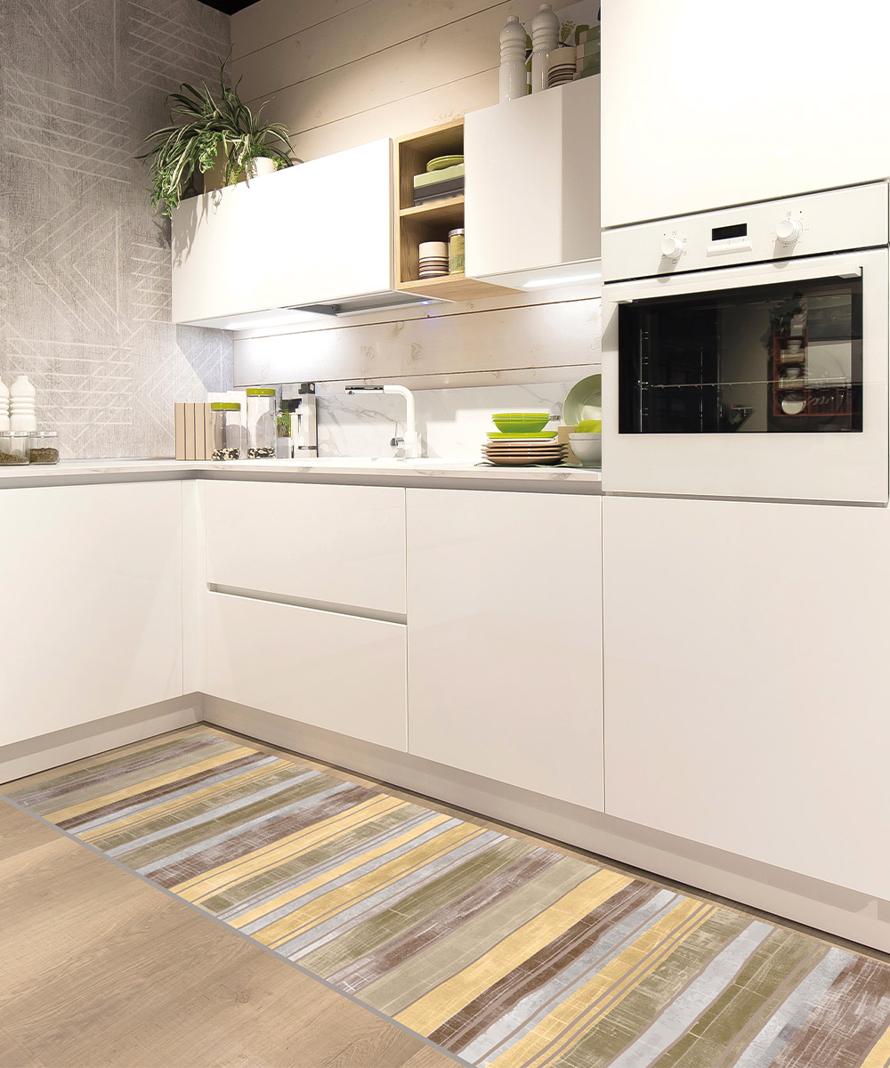Casa con Tappeto Futura Millerighe disegno moderni a righe beige e giallo ocra, passatoia cucina multiuso