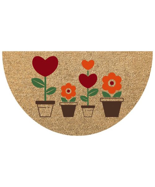 Zerbino mezzaluna per ingresso casa in cocco con retro anti-scivolo in vinile. Collezione GULLIVER disegno vasi fioriti