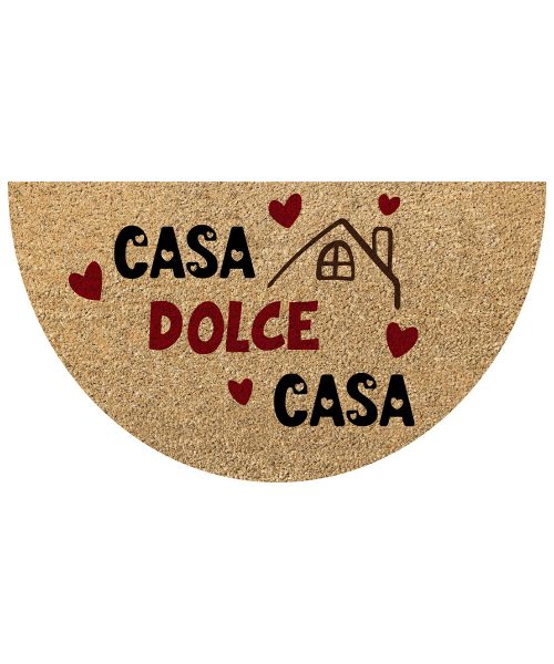 Zerbino mezzaluna per ingresso casa in cocco con retro anti-scivolo in vinile. Collezione GULLIVER scritta casa dolce casa disegno cuoricini
