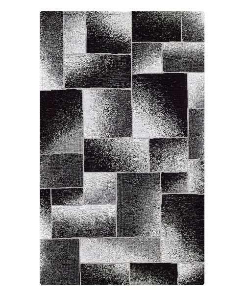 Tappeto moderno in morbida ciniglia con motivo geometrico a blocchi sovrapposti di colore nero. Complemento d'arredo antiscivolo ideale per salotto e cucina.