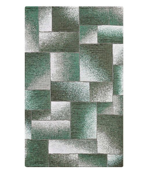 Tappeto moderno in morbida ciniglia con motivo geometrico a blocchi sovrapposti nei toni del verde. Complemento d'arredo antiscivolo ideale per salotto e cucina.