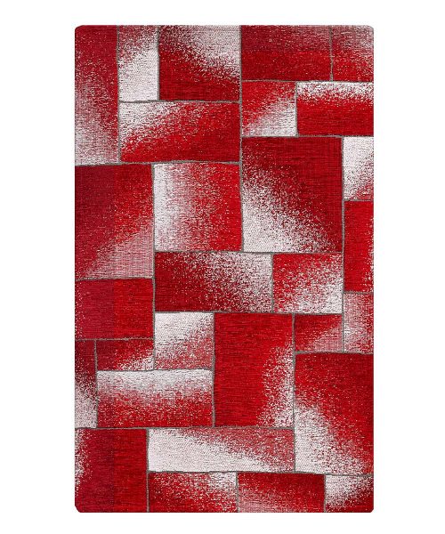 Tappeto moderno in morbida ciniglia con motivo geometrico a blocchi sovrapposti di colore rosso. Complemento d'arredo antiscivolo ideale per salotto e cucina.